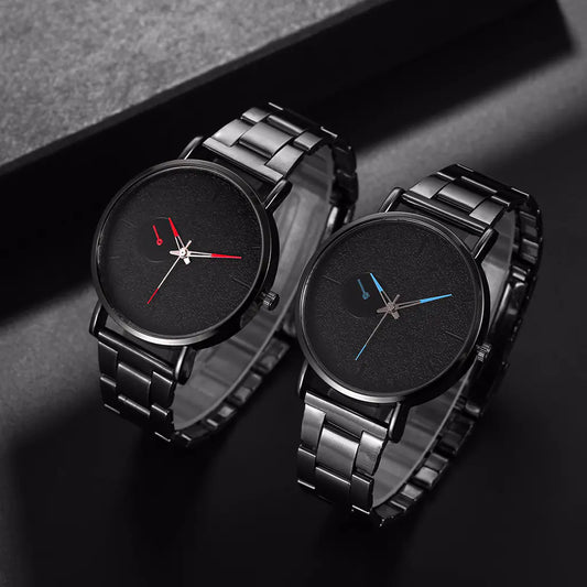 Men's Minimalist Black Steel Quartz Watch with Multi-Dials